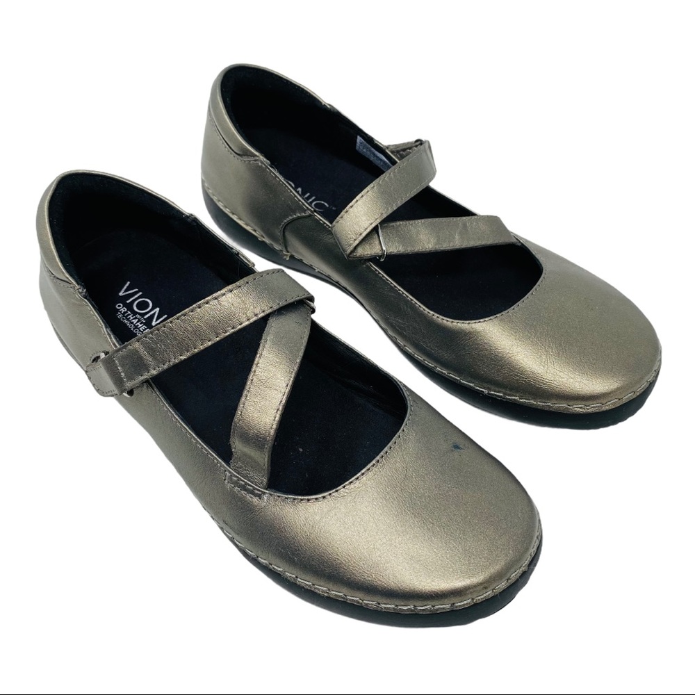 Vionic Shoes Size 9 Judith Mary Janes  Walking Flats Orthoheel Metallic Silver